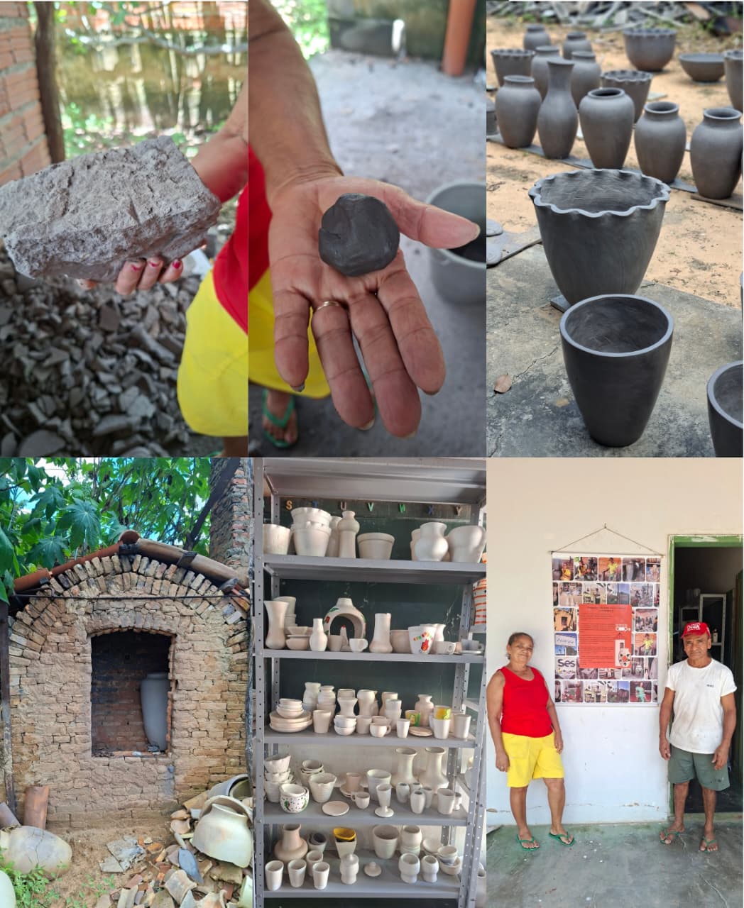 Sequência de fotos mostrando desde a matéria prima escura, a moldagem de peças, o forno da queima, as peças de argila que ficam brancas e dois membros da cooperativa
